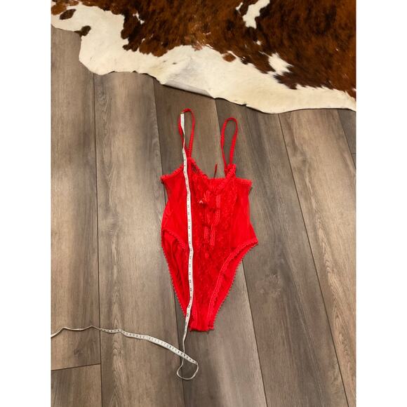 Vintage V-Neck Lace Teddy Bodysuit High Cut lingerie Size L Red - Picture 5 of 7